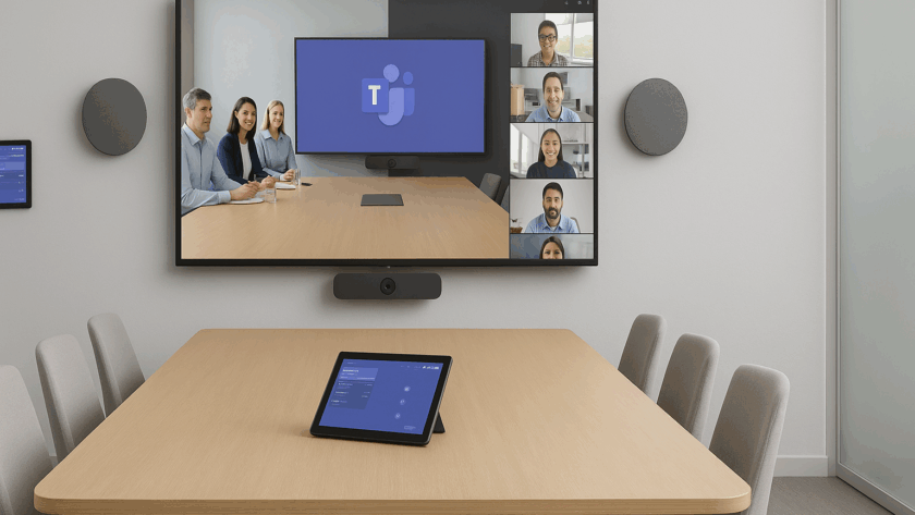 Møterom med moderne konferansebord, Teams-kompatibel skjerm og touchpanel, tilrettelagt for videomøter og hybrid samhandling.